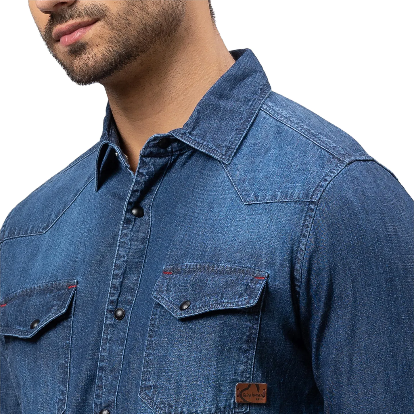 Blue Slim Straight Fit Regular Collar Long Sleeves Cotton Men's Shirt by Being Human Clothing - Image 5