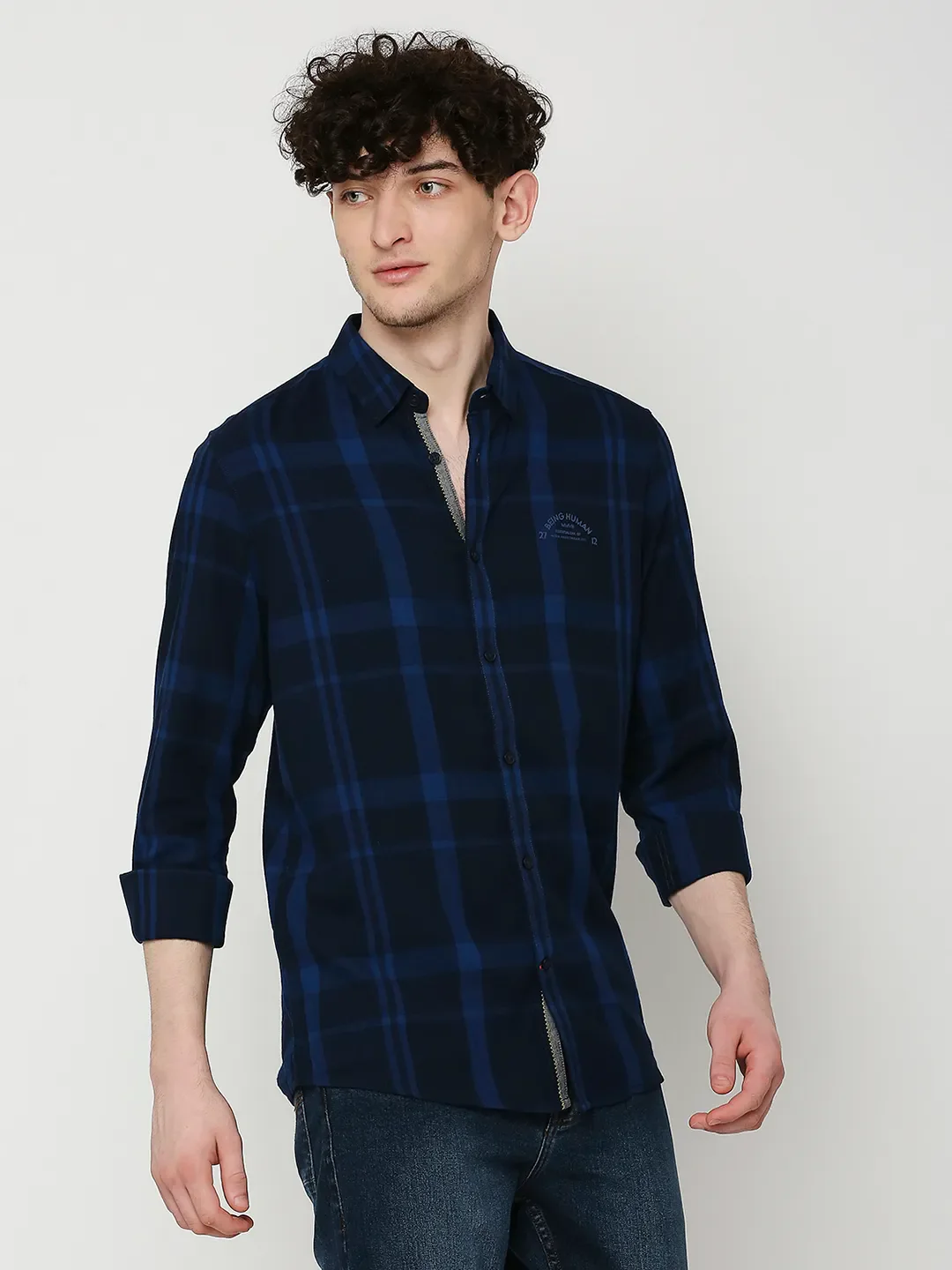 Blue Slim Fit Regular Collar Men's Shirt by Being Human Clothing - Image 3