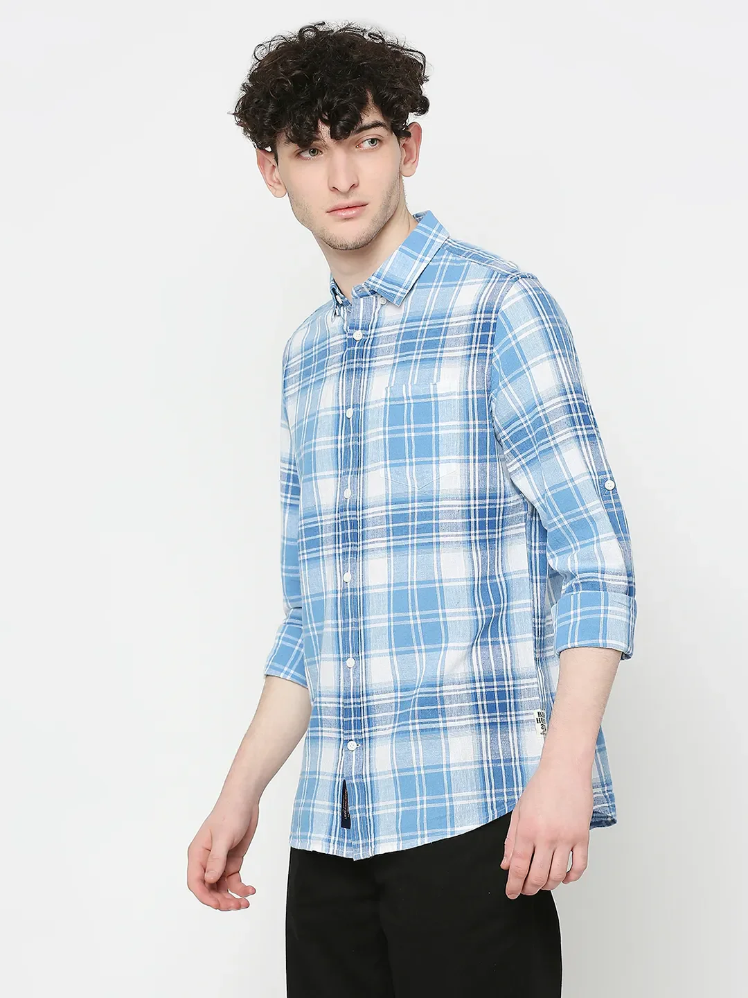 Blue Slim Straight Fit Regular Collar Long Sleeves Tencil Men's Shirt by Being Human Clothing - Image 2