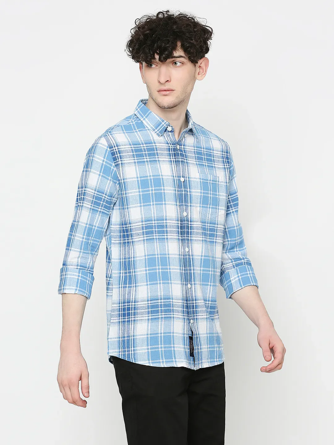 Blue Slim Straight Fit Regular Collar Long Sleeves Tencil Men's Shirt by Being Human Clothing - Image 3