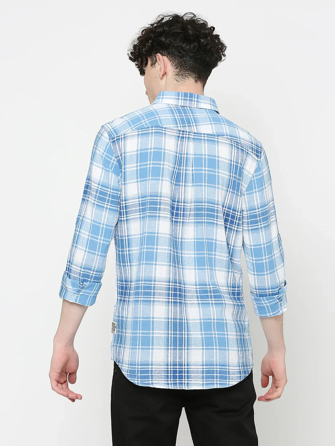 Blue Slim Straight Fit Regular Collar Long Sleeves Tencil Men's Shirt by Being Human Clothing - Image 4