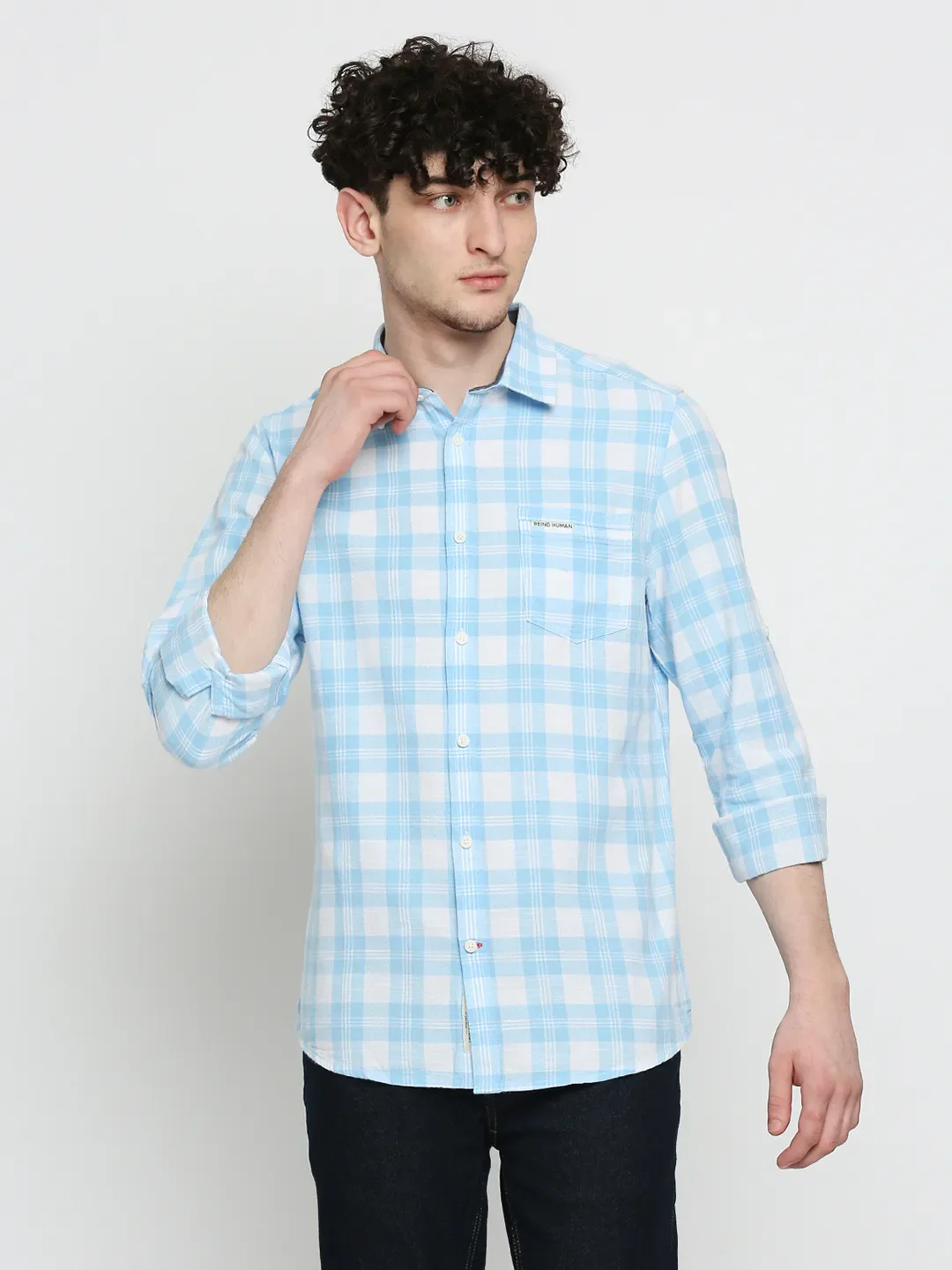 Blue Slim Straight Fit Regular Collar Long Sleeves Cotton Men's Shirt by Being Human Clothing