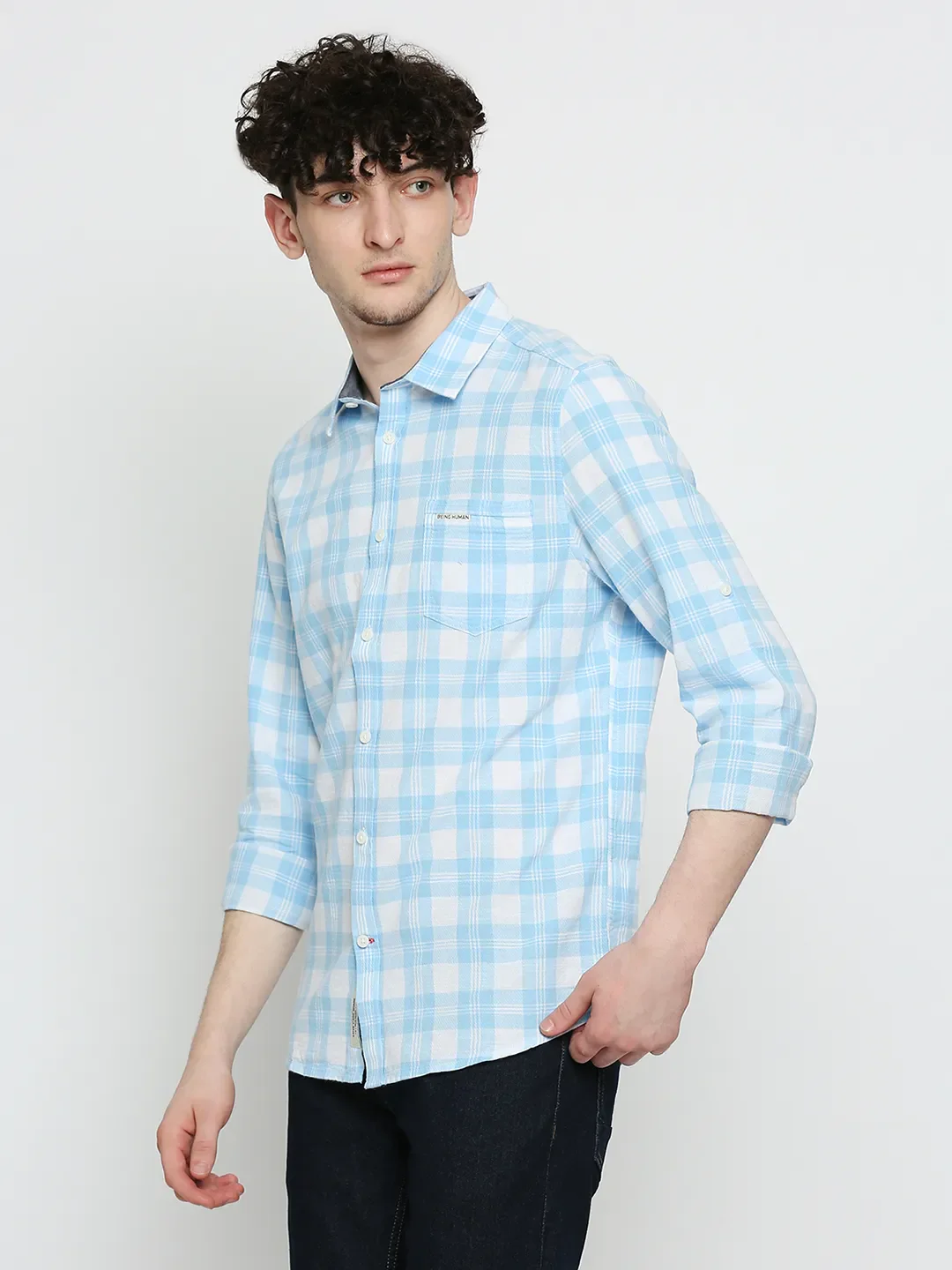 Blue Slim Straight Fit Regular Collar Long Sleeves Cotton Men's Shirt by Being Human Clothing - Image 2