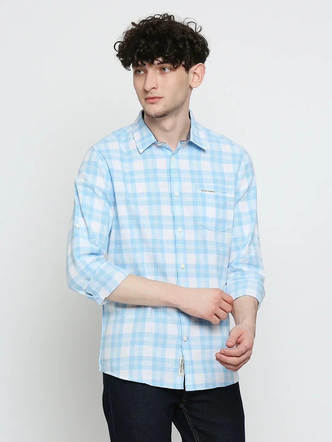 Blue Slim Straight Fit Regular Collar Long Sleeves Cotton Men's Shirt by Being Human Clothing - Image 3