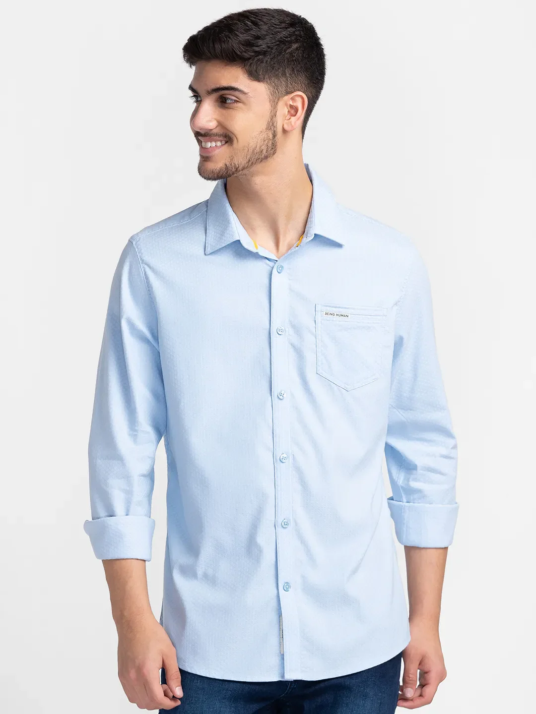 Blue Slim Straight Fit Regular Collar Long Sleeves Cotton Men's Shirt by Being Human Clothing