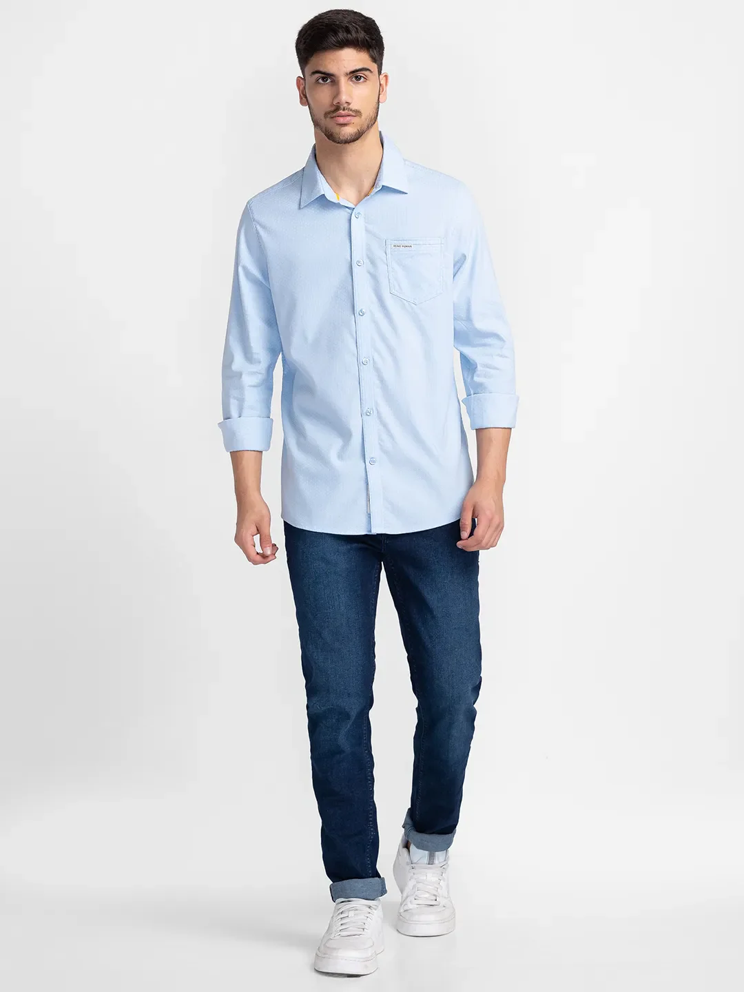 Blue Slim Straight Fit Regular Collar Long Sleeves Cotton Men's Shirt by Being Human Clothing - Image 2