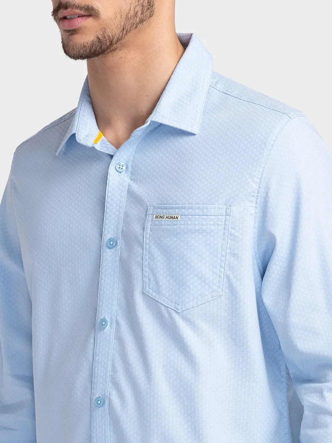 Blue Slim Straight Fit Regular Collar Long Sleeves Cotton Men's Shirt by Being Human Clothing - Image 5