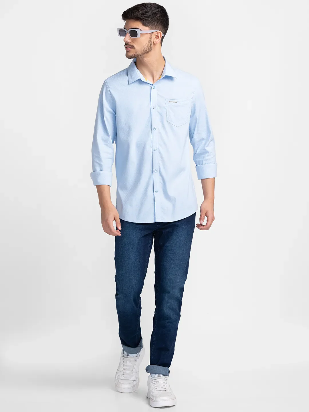 Blue Slim Straight Fit Regular Collar Long Sleeves Cotton Men's Shirt by Being Human Clothing - Image 6