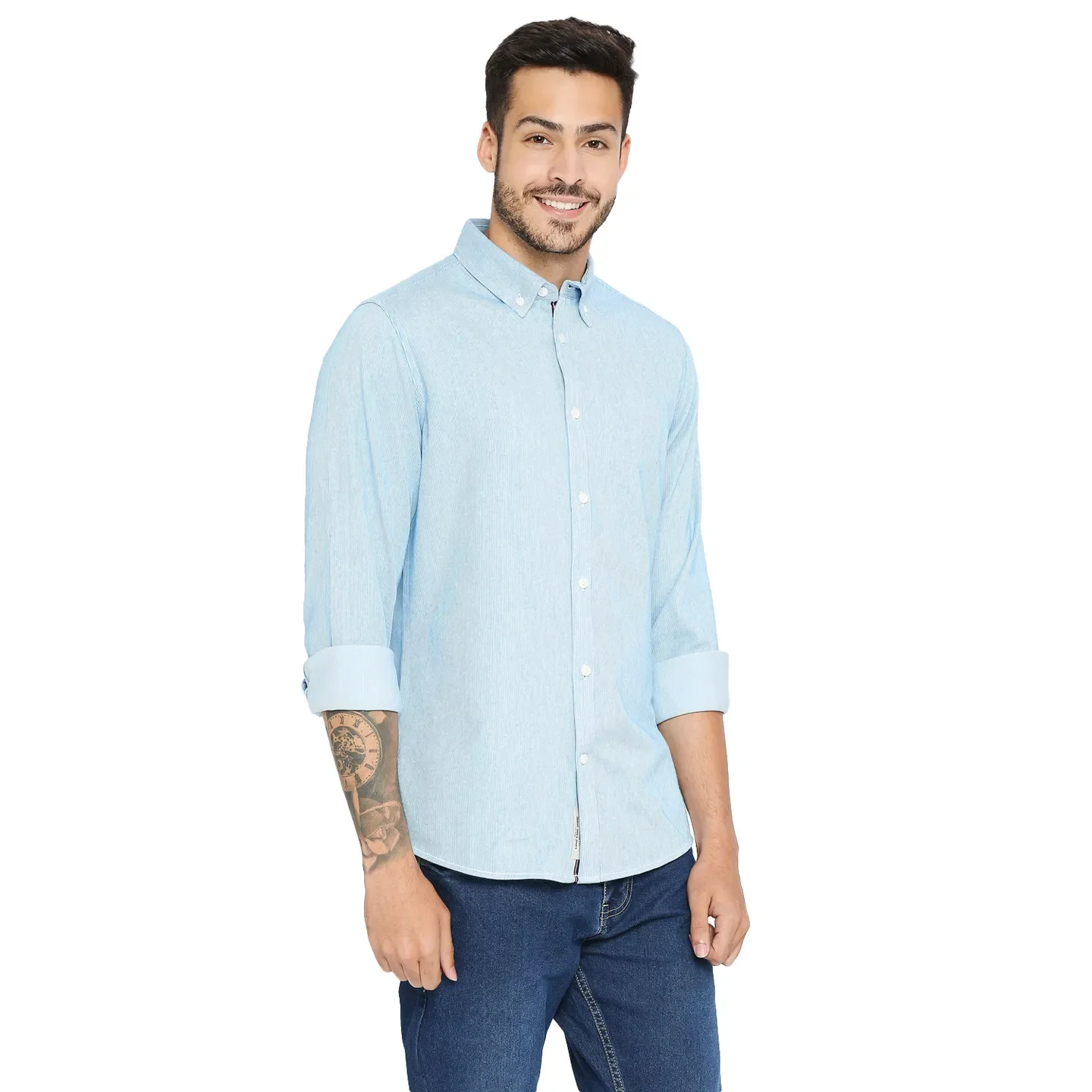 Blue Slim Straight Fit Regular Collar Long Sleeves Cotton Men's Shirt by Being Human Clothing - Image 3