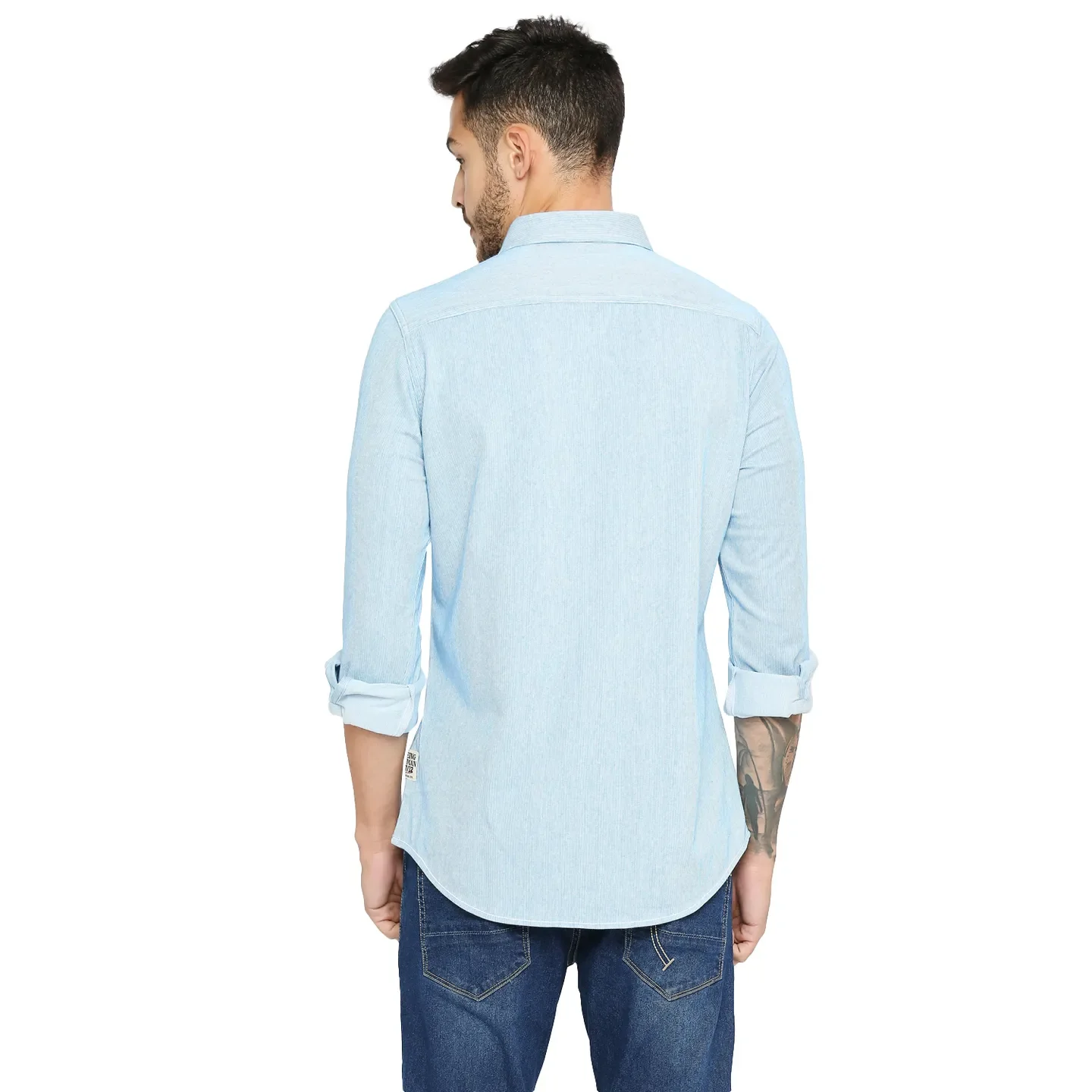 Blue Slim Straight Fit Regular Collar Long Sleeves Cotton Men's Shirt by Being Human Clothing - Image 4