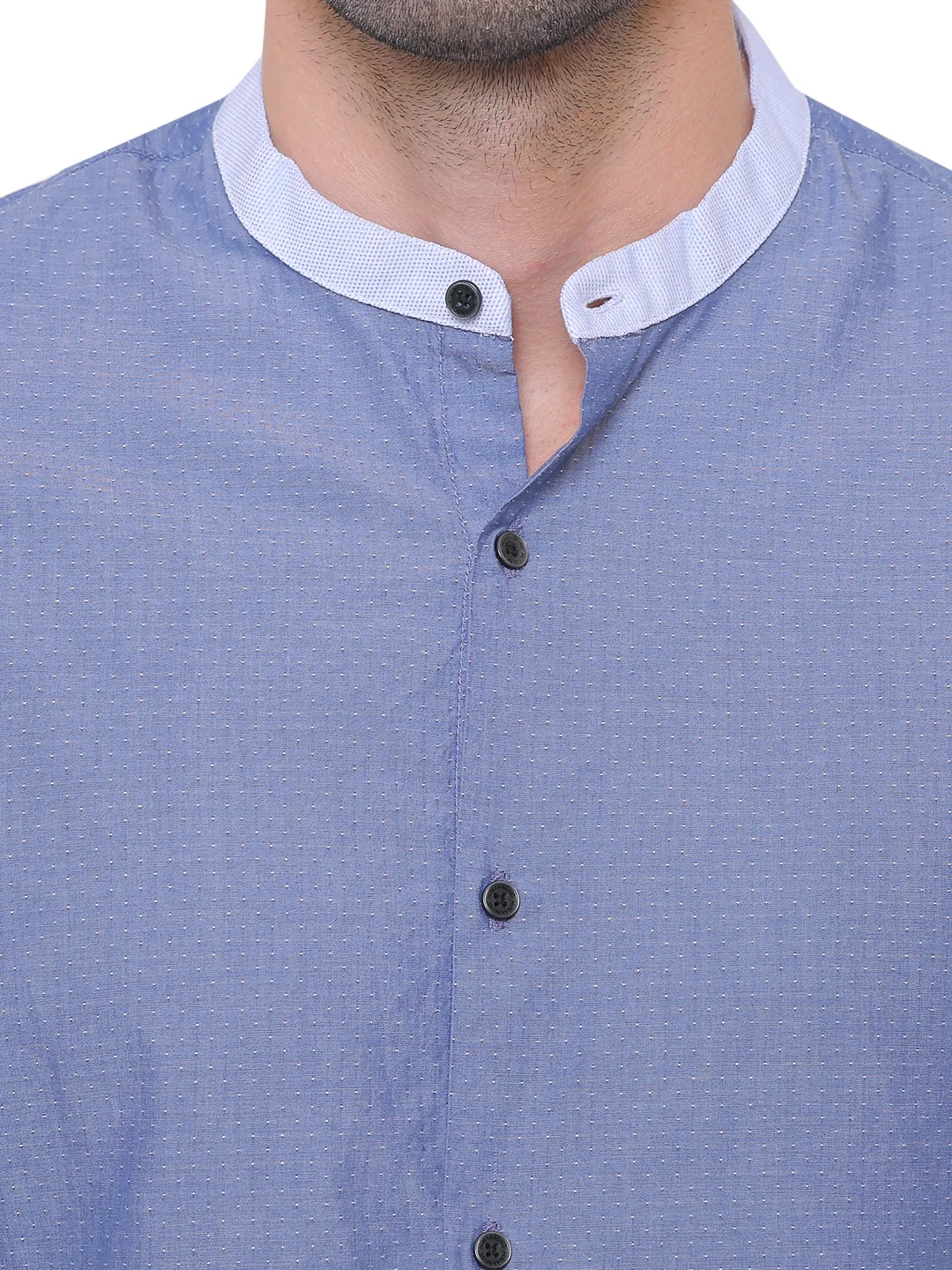 Blue Slim Straight Fit Mandarin Collar Long Sleeves Cotton Men's Shirt by Being Human Clothing - Image 4