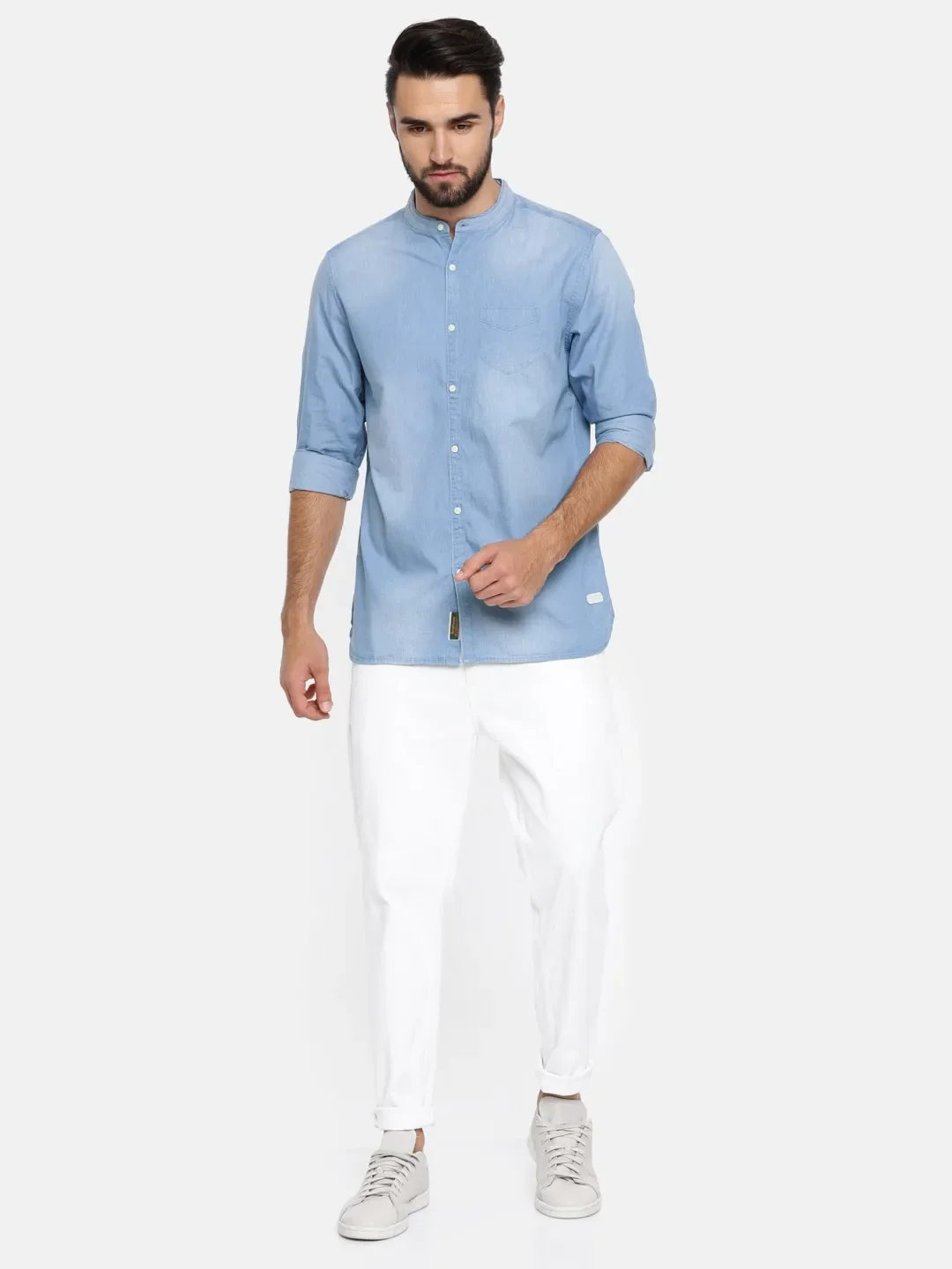 Blue Slim Straight Fit Regular Collar Long Sleeves Cotton Men's Shirt by Being Human Clothing - Image 5