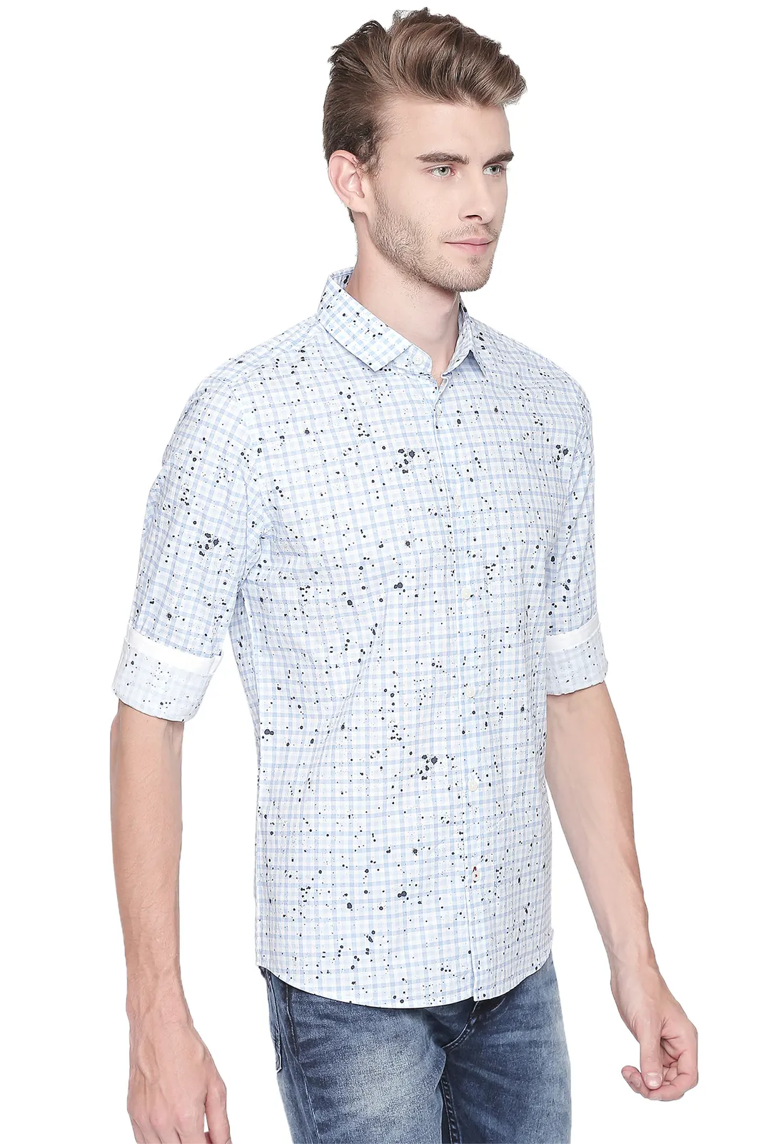 Blue Slim Straight Fit Regular Collar Long Sleeves Cotton Men's Shirt by Being Human Clothing - Image 2