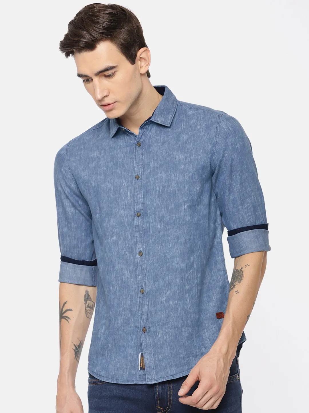 Blue Slim Straight Fit Regular Collar Long Sleeves Cotton Men's Shirt by Being Human Clothing