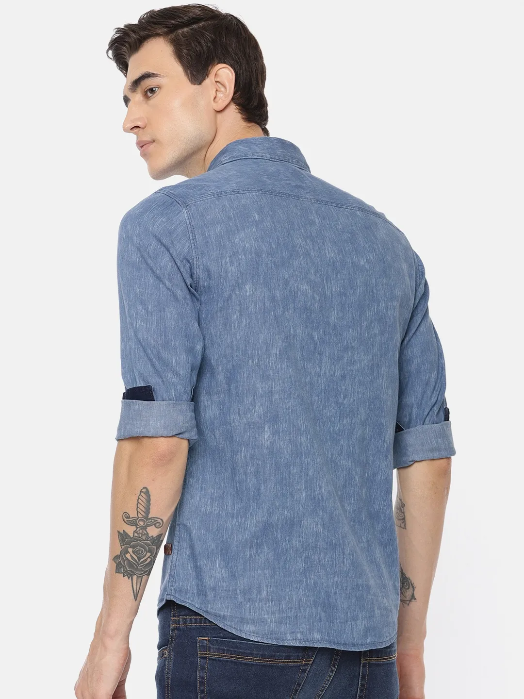 Blue Slim Straight Fit Regular Collar Long Sleeves Cotton Men's Shirt by Being Human Clothing - Image 3