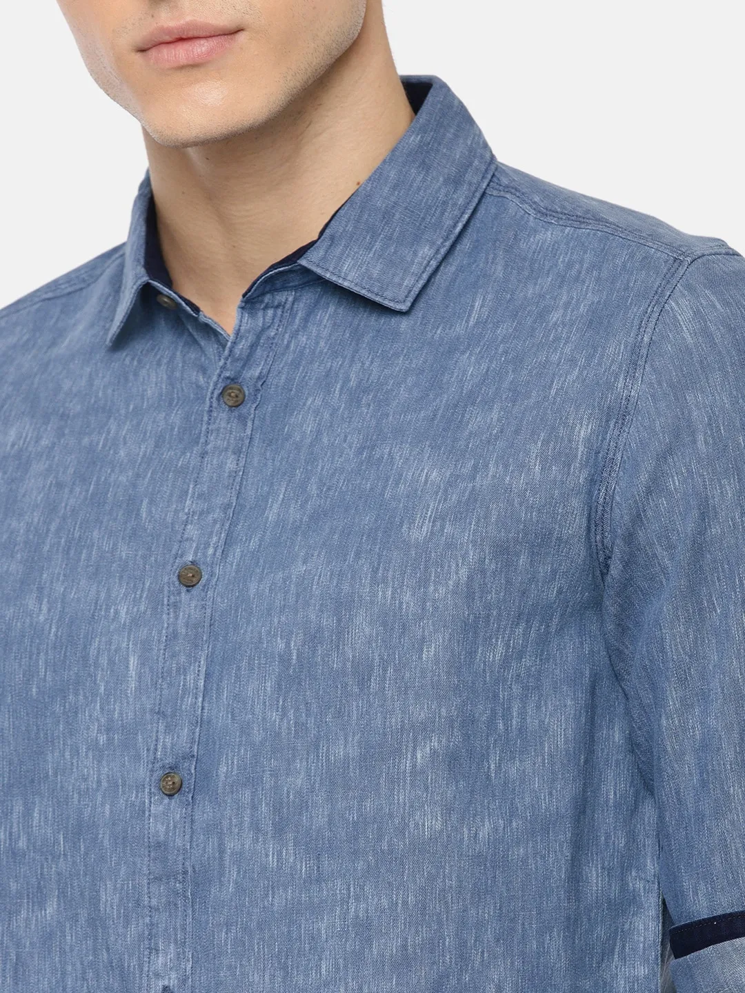 Blue Slim Straight Fit Regular Collar Long Sleeves Cotton Men's Shirt by Being Human Clothing - Image 4
