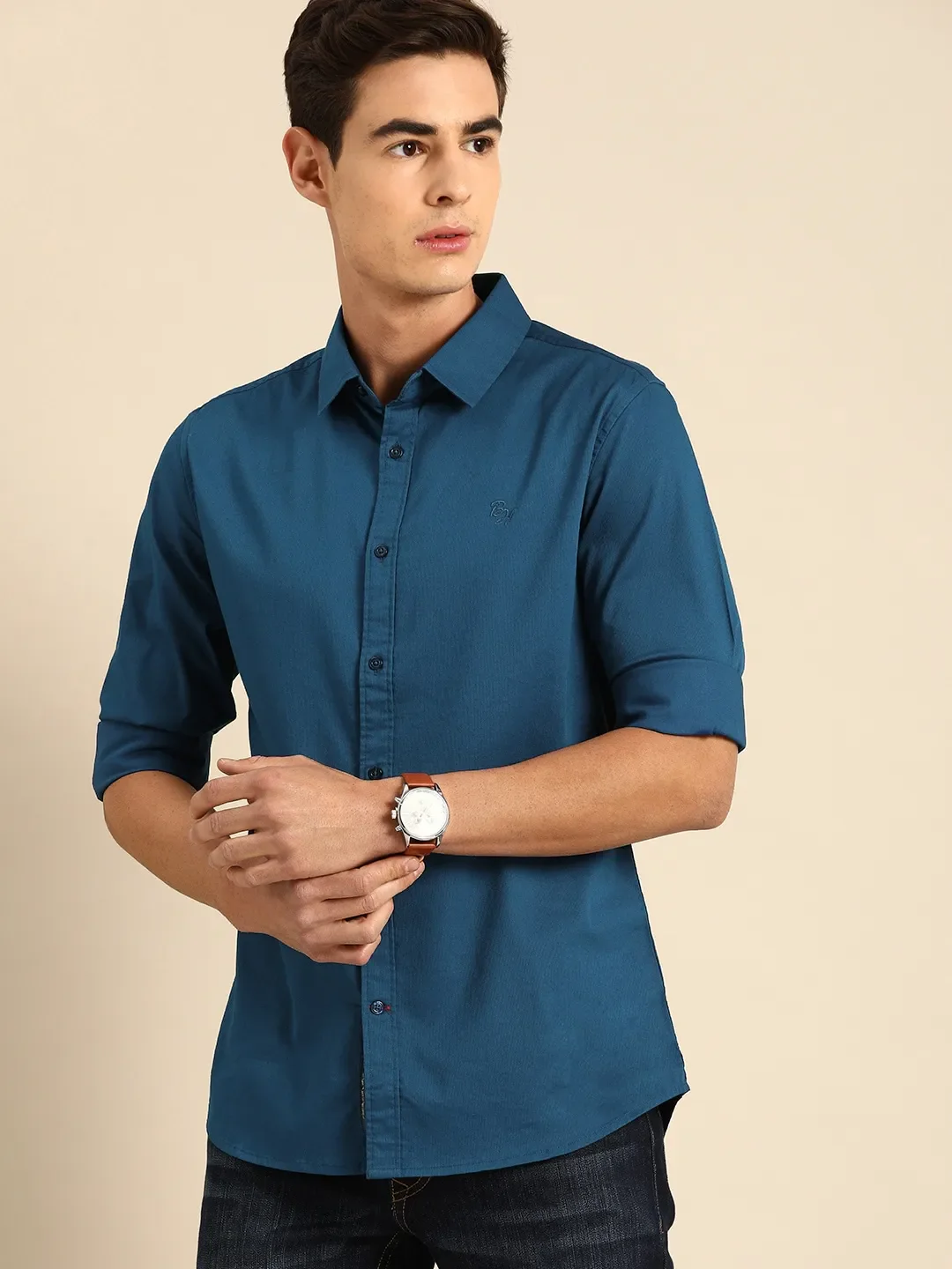 Blue Slim Straight Fit Regular Collar Long Sleeves Men's Shirt by Being Human Clothing