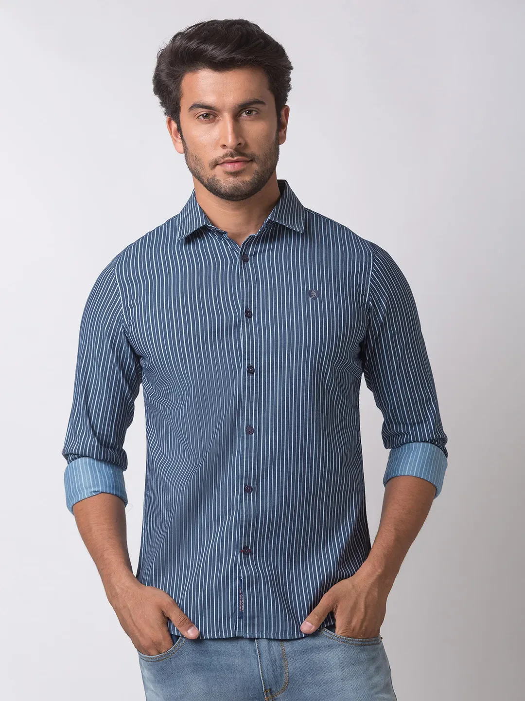 Blue Slim Straight Fit Regular Collar Long Sleeves Cotton Men's Shirt by Being Human Clothing