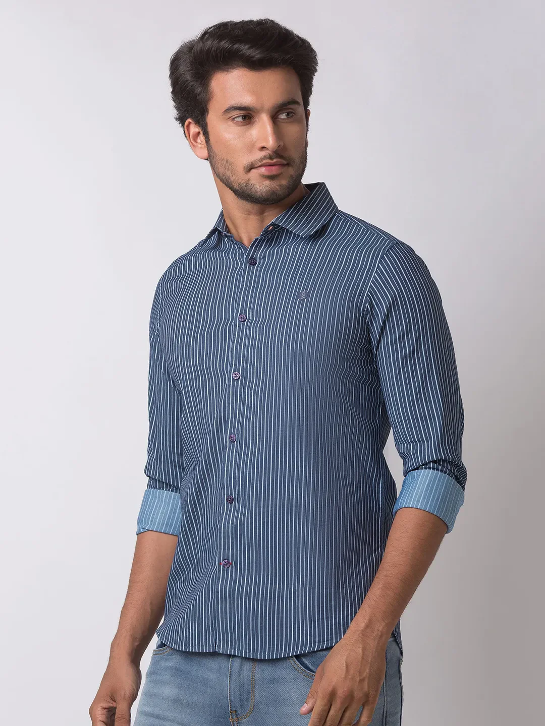 Blue Slim Straight Fit Regular Collar Long Sleeves Cotton Men's Shirt by Being Human Clothing - Image 2