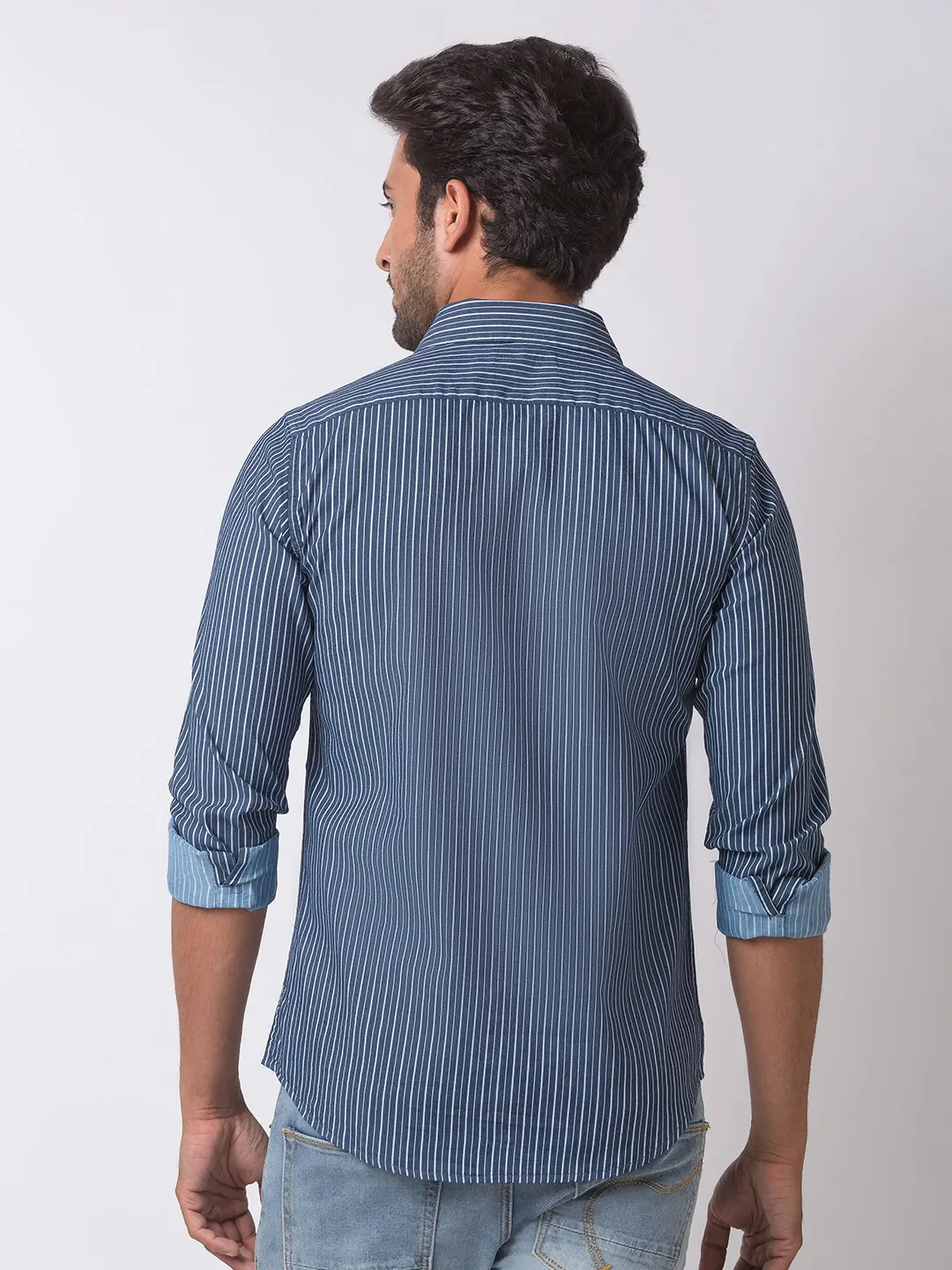 Blue Slim Straight Fit Regular Collar Long Sleeves Cotton Men's Shirt by Being Human Clothing - Image 4
