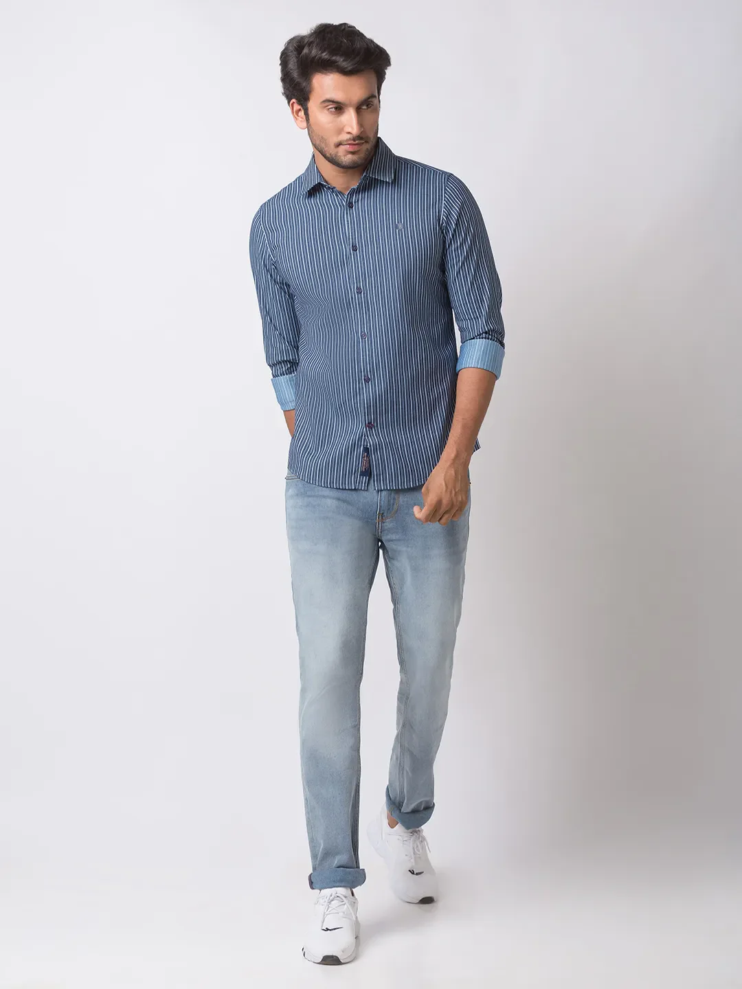 Blue Slim Straight Fit Regular Collar Long Sleeves Cotton Men's Shirt by Being Human Clothing - Image 5