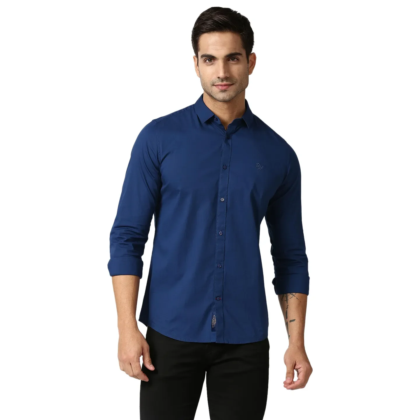 Blue Slim Straight Fit Regular Collar Long Sleeves Men's Shirt by Being Human Clothing