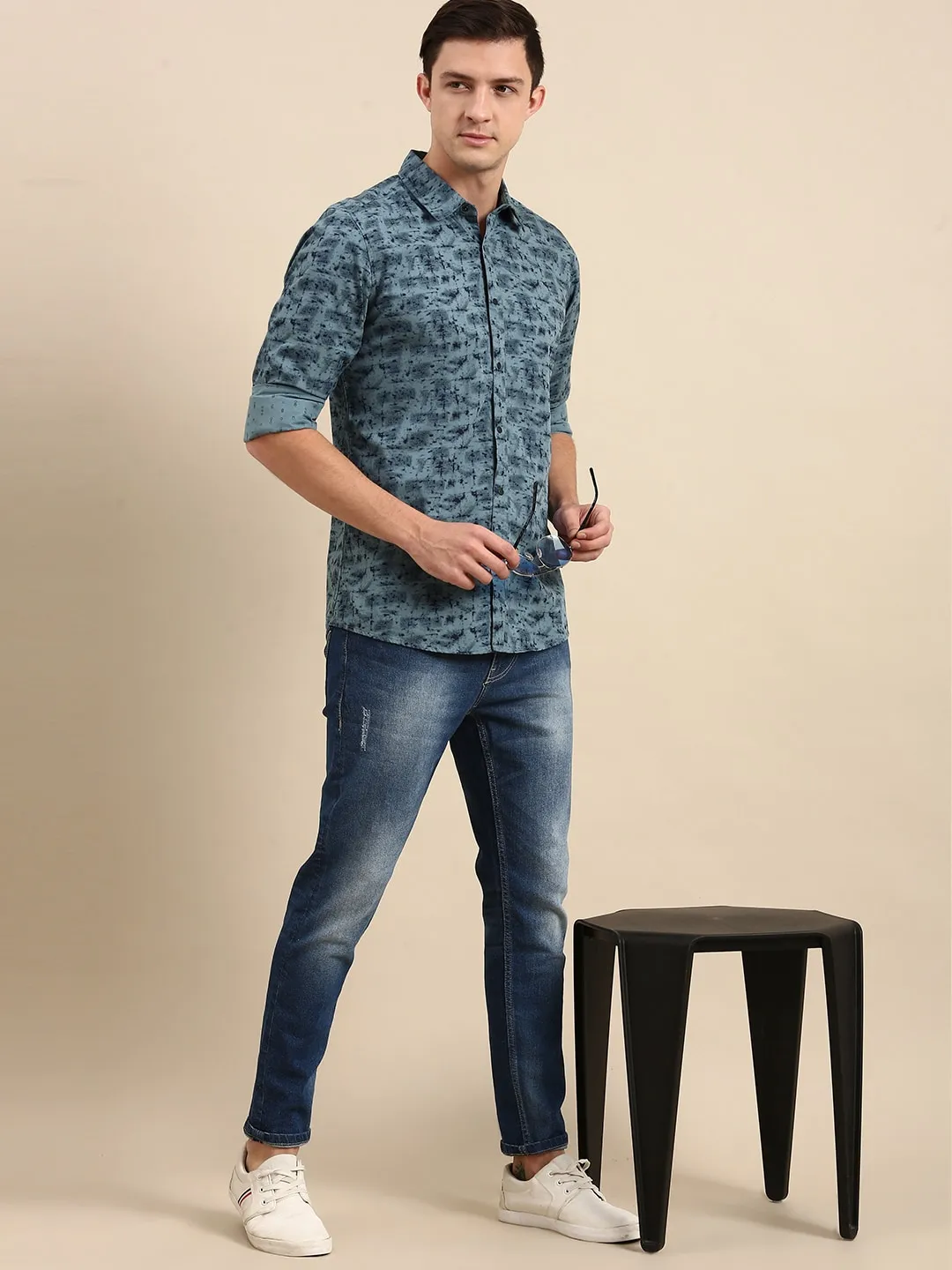 Blue Slim Straight Fit Regular Collar Long Sleeves Men's Shirt by Being Human Clothing - Image 5