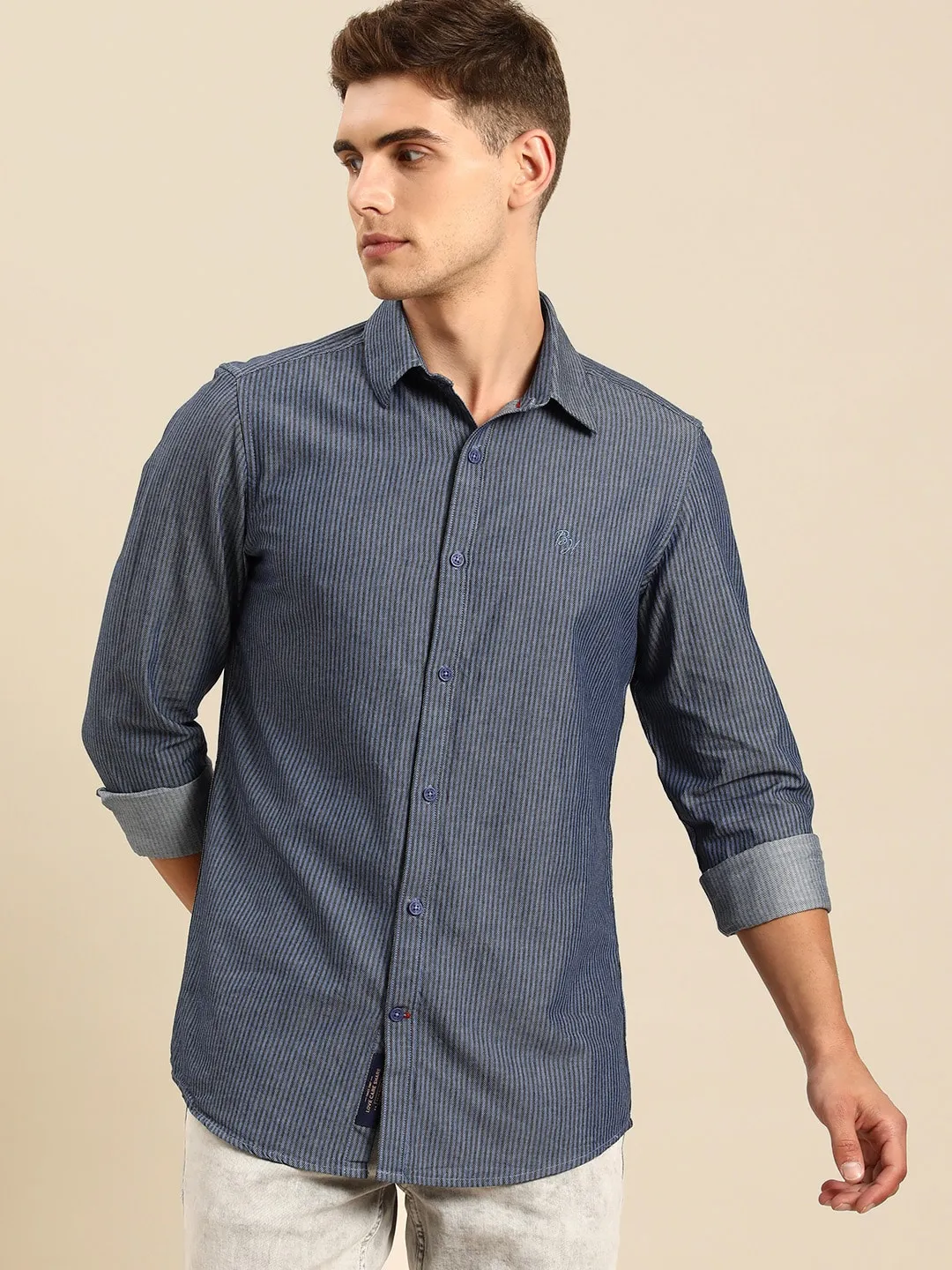 Blue Slim Straight Fit Regular Collar Long Sleeves Men's Shirt by Being Human Clothing