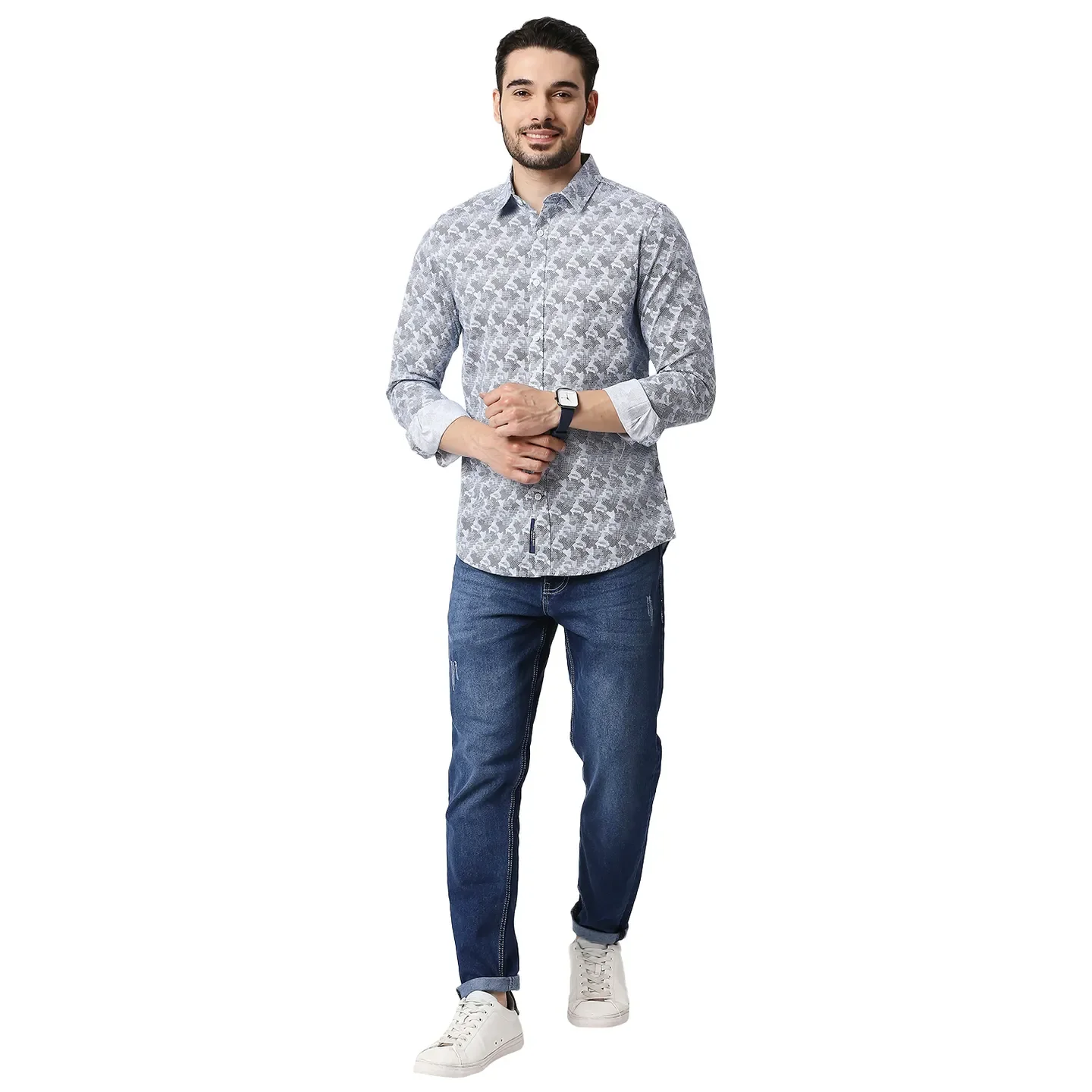 Blue Slim Straight Fit Regular Collar Long Sleeves Cotton Men's Shirt by Being Human Clothing - Image 5