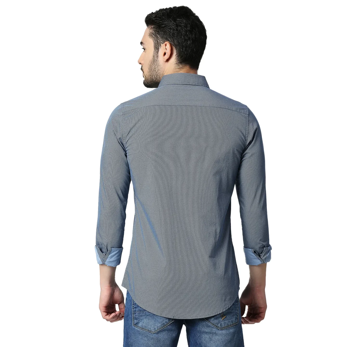 Blue Slim Straight Fit Regular Collar Long Sleeves Cotton Men's Shirt by Being Human Clothing - Image 3
