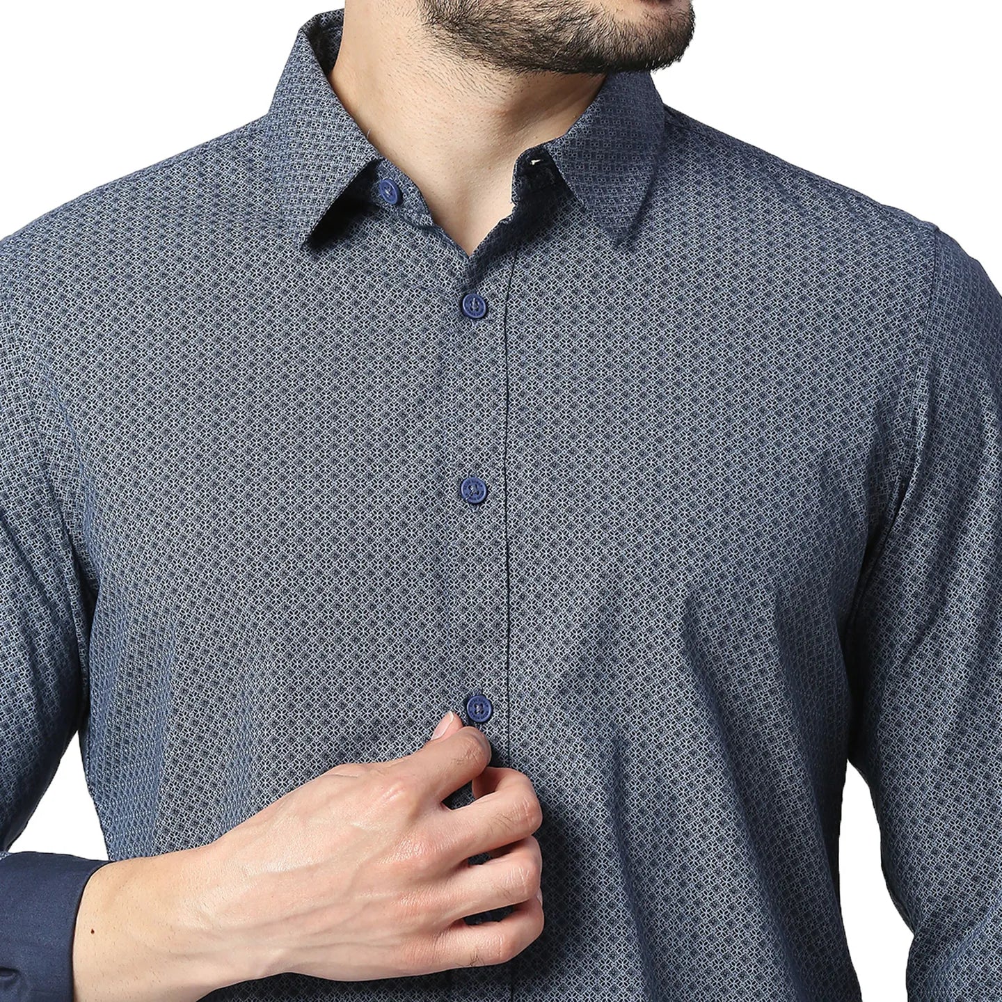 Blue Slim Straight Fit Regular Collar Long Sleeves Cotton Men's Shirt by Being Human Clothing - Image 4