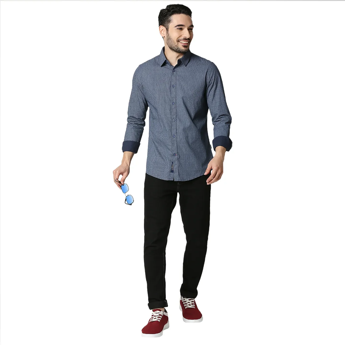 Blue Slim Straight Fit Regular Collar Long Sleeves Cotton Men's Shirt by Being Human Clothing - Image 5