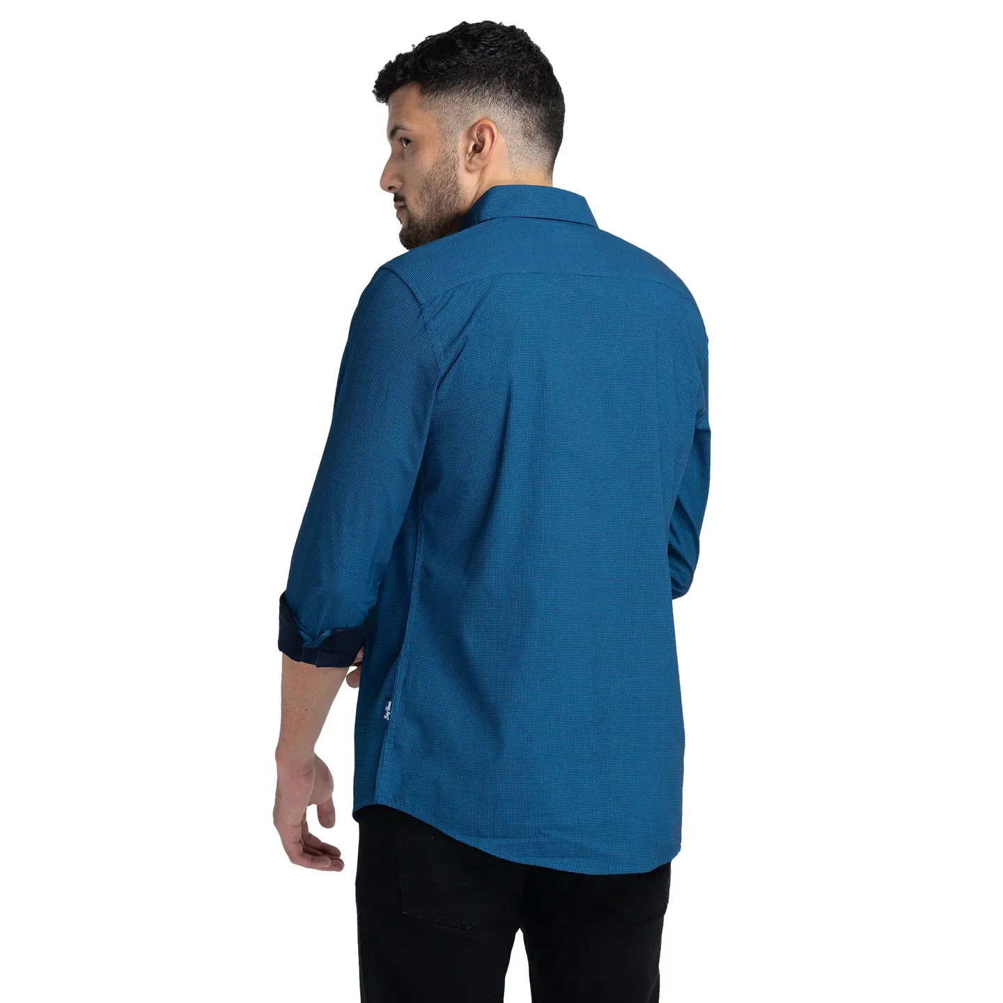 Blue Slim Straight Fit Regular Collar Long Sleeves Cotton Men's Shirt by Being Human Clothing - Image 3