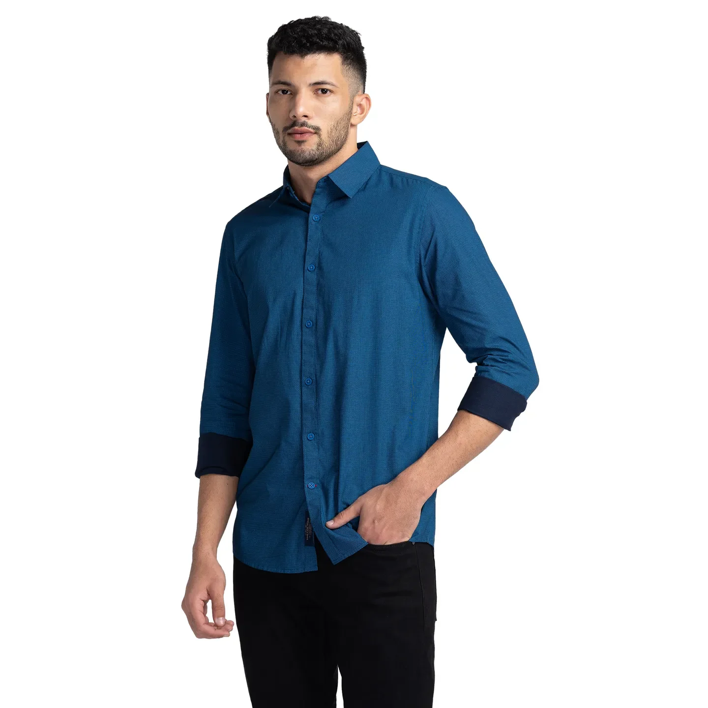 Blue Slim Straight Fit Regular Collar Long Sleeves Cotton Men's Shirt by Being Human Clothing - Image 4