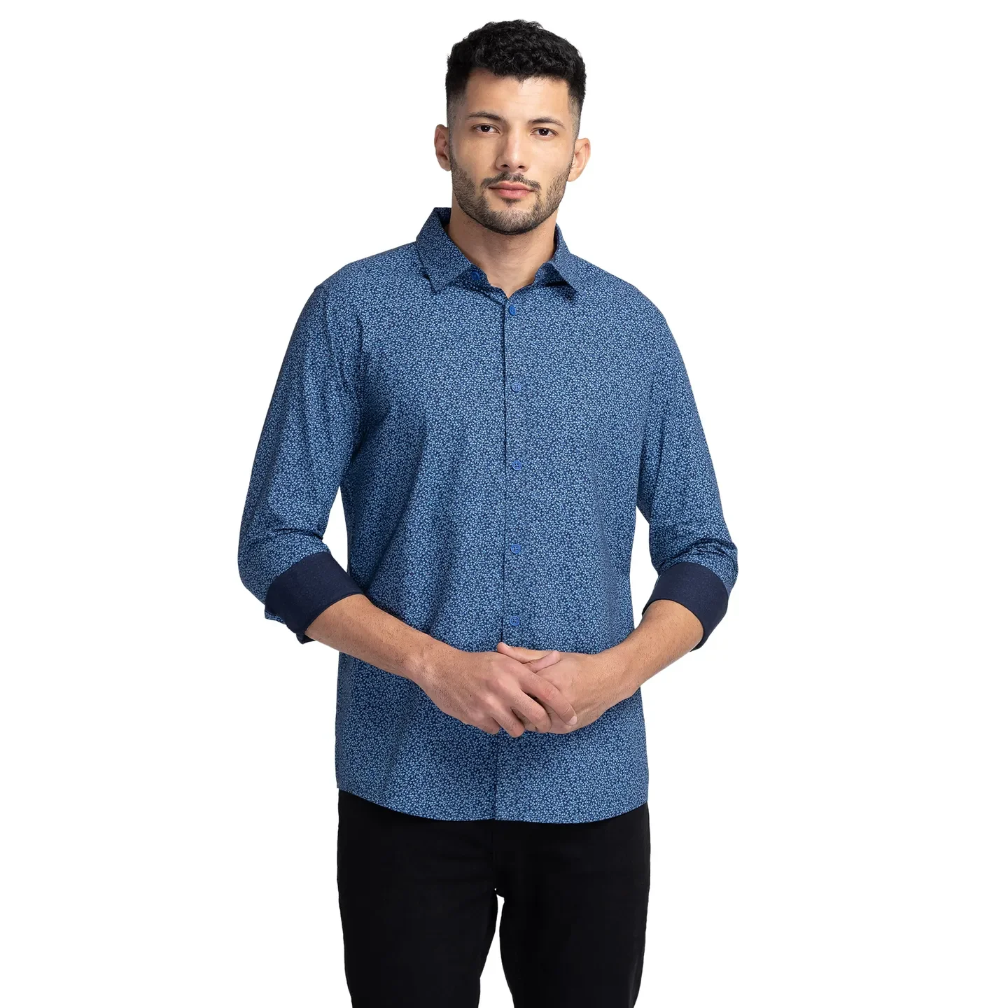 Blue Slim Straight Fit Regular Collar Long Sleeves Cotton Men's Shirt by Being Human Clothing
