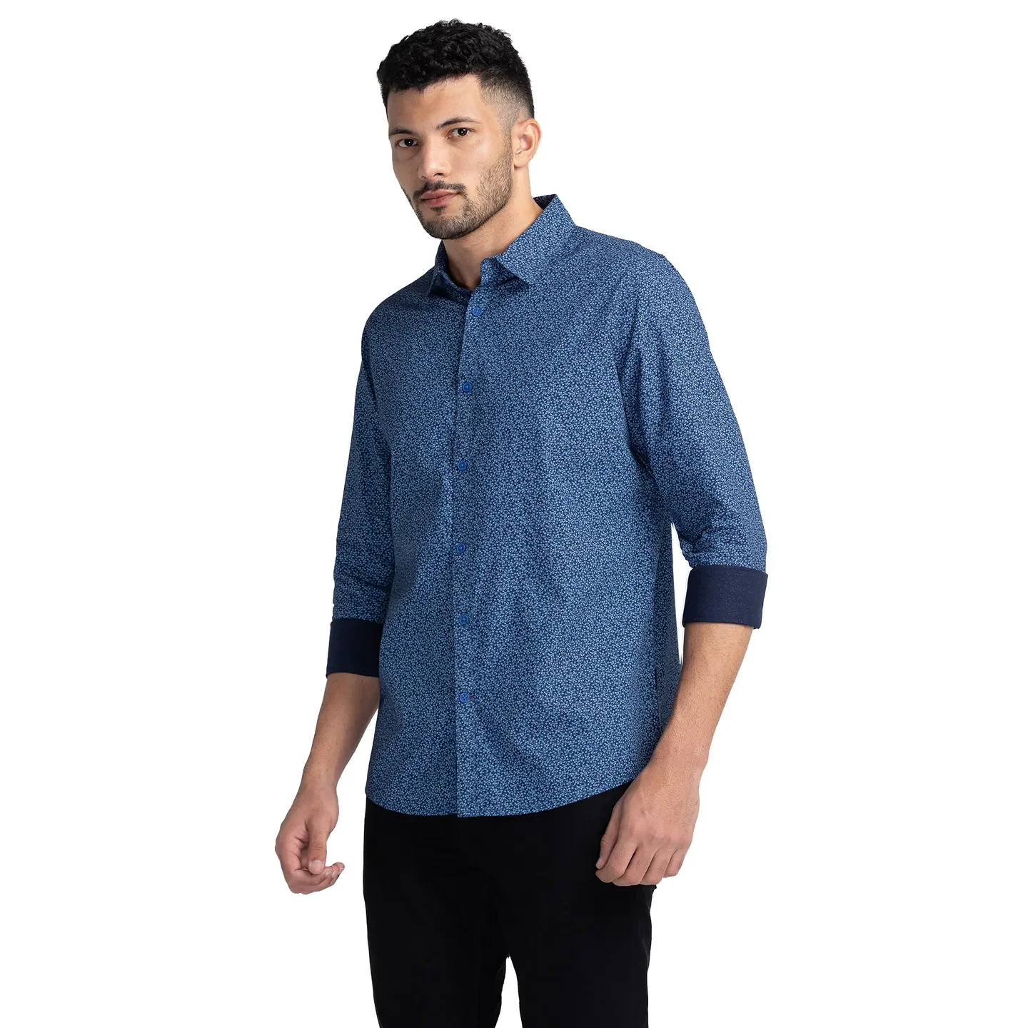 Blue Slim Straight Fit Regular Collar Long Sleeves Cotton Men's Shirt by Being Human Clothing - Image 4