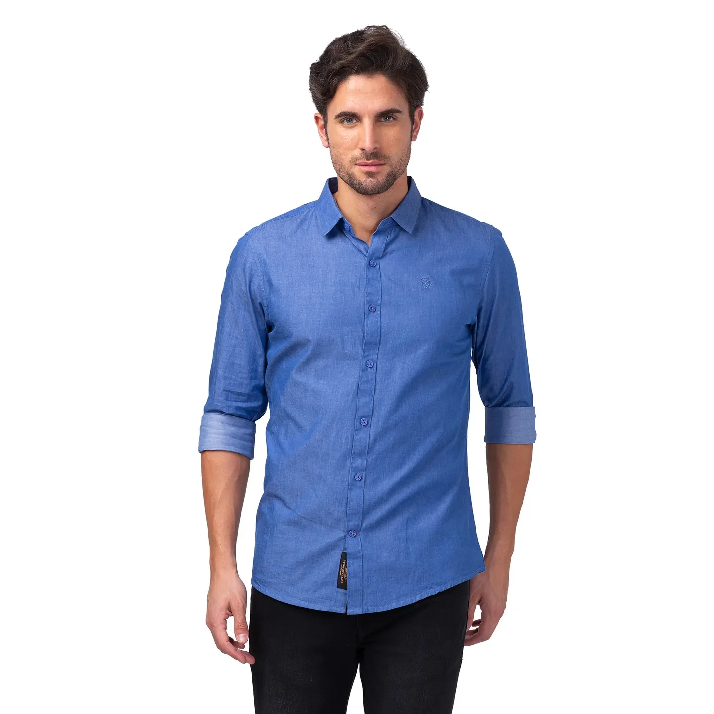 Blue Slim Straight Fit Regular Collar Long Sleeves Men's Shirt by Being Human Clothing