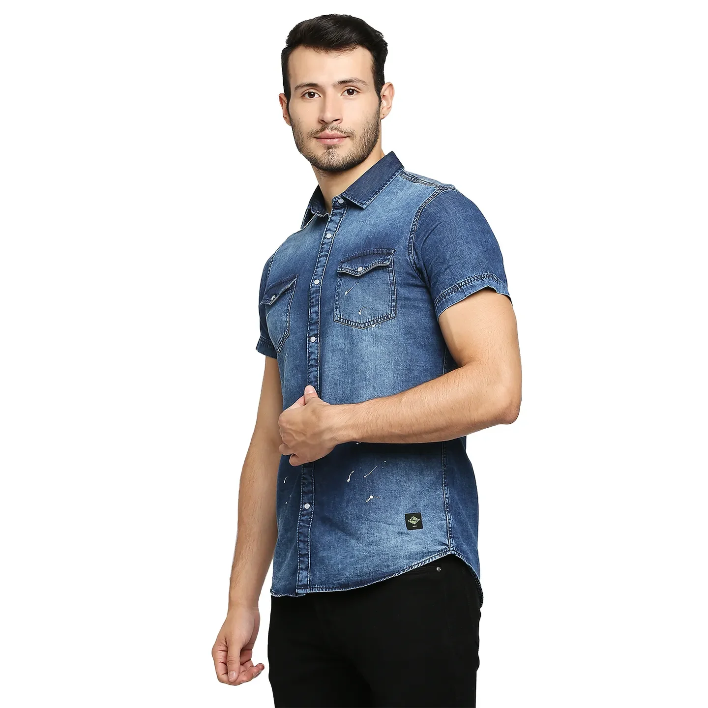 Blue Slim Straight Fit Regular Collar Short Sleeves Cotton Men's Shirt by Being Human Clothing - Image 2