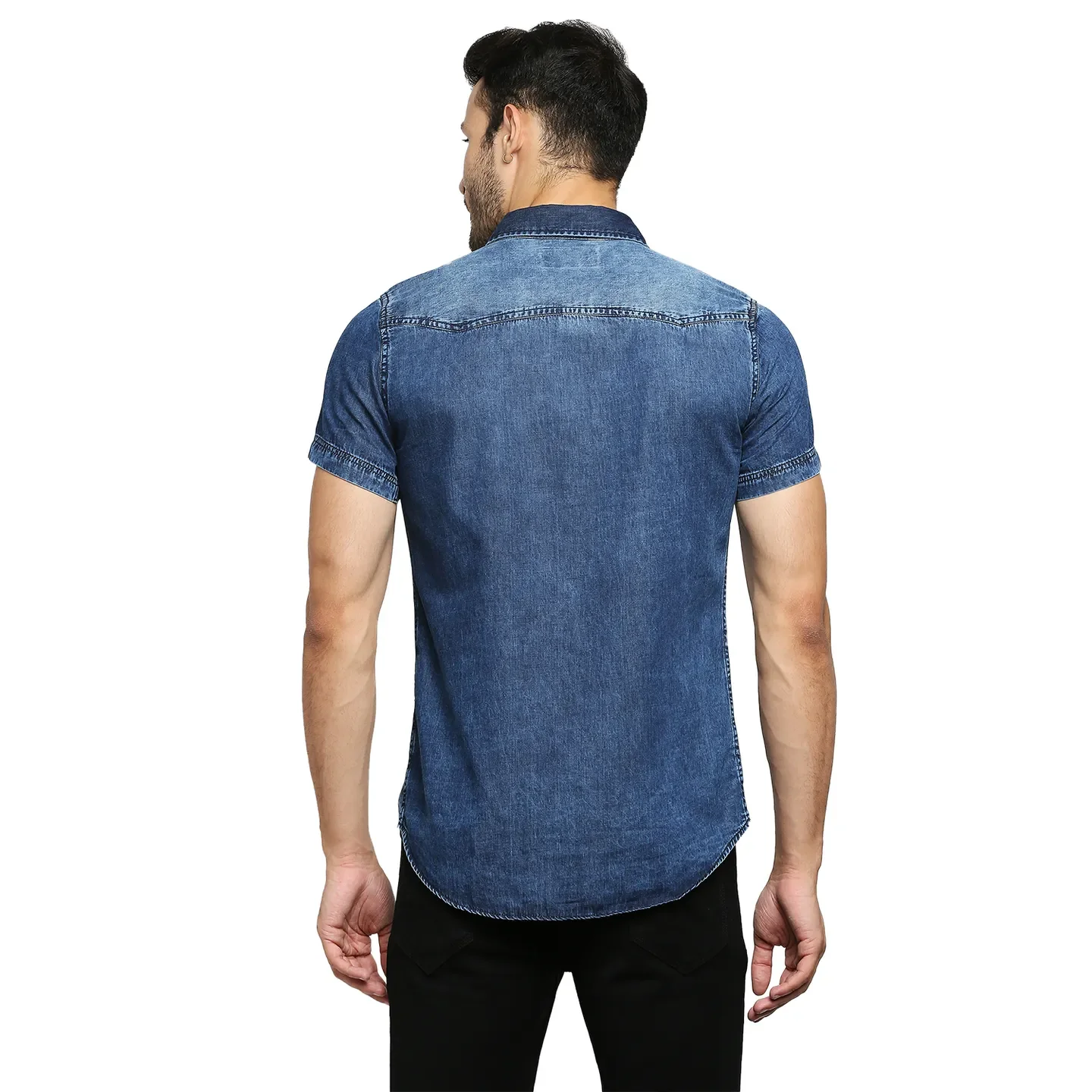 Blue Slim Straight Fit Regular Collar Short Sleeves Cotton Men's Shirt by Being Human Clothing - Image 4