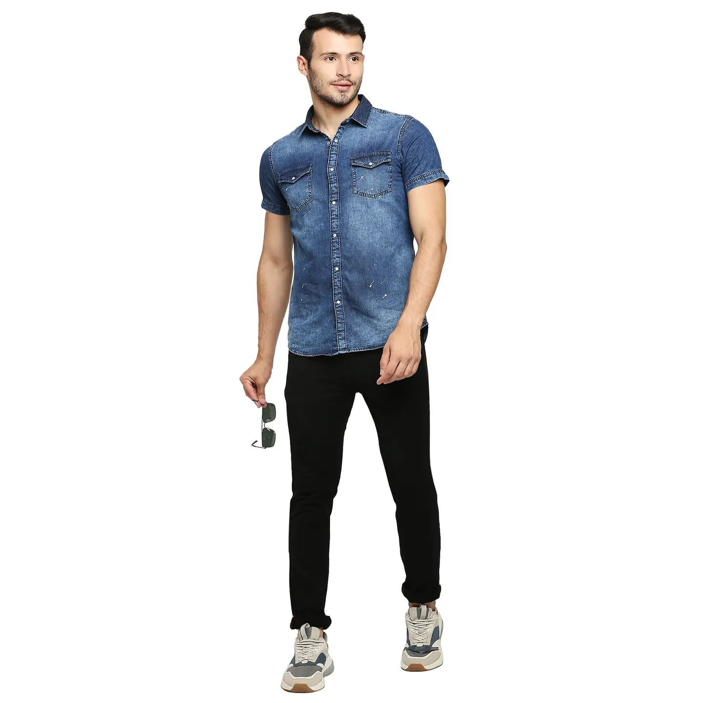 Blue Slim Straight Fit Regular Collar Short Sleeves Cotton Men's Shirt by Being Human Clothing - Image 6