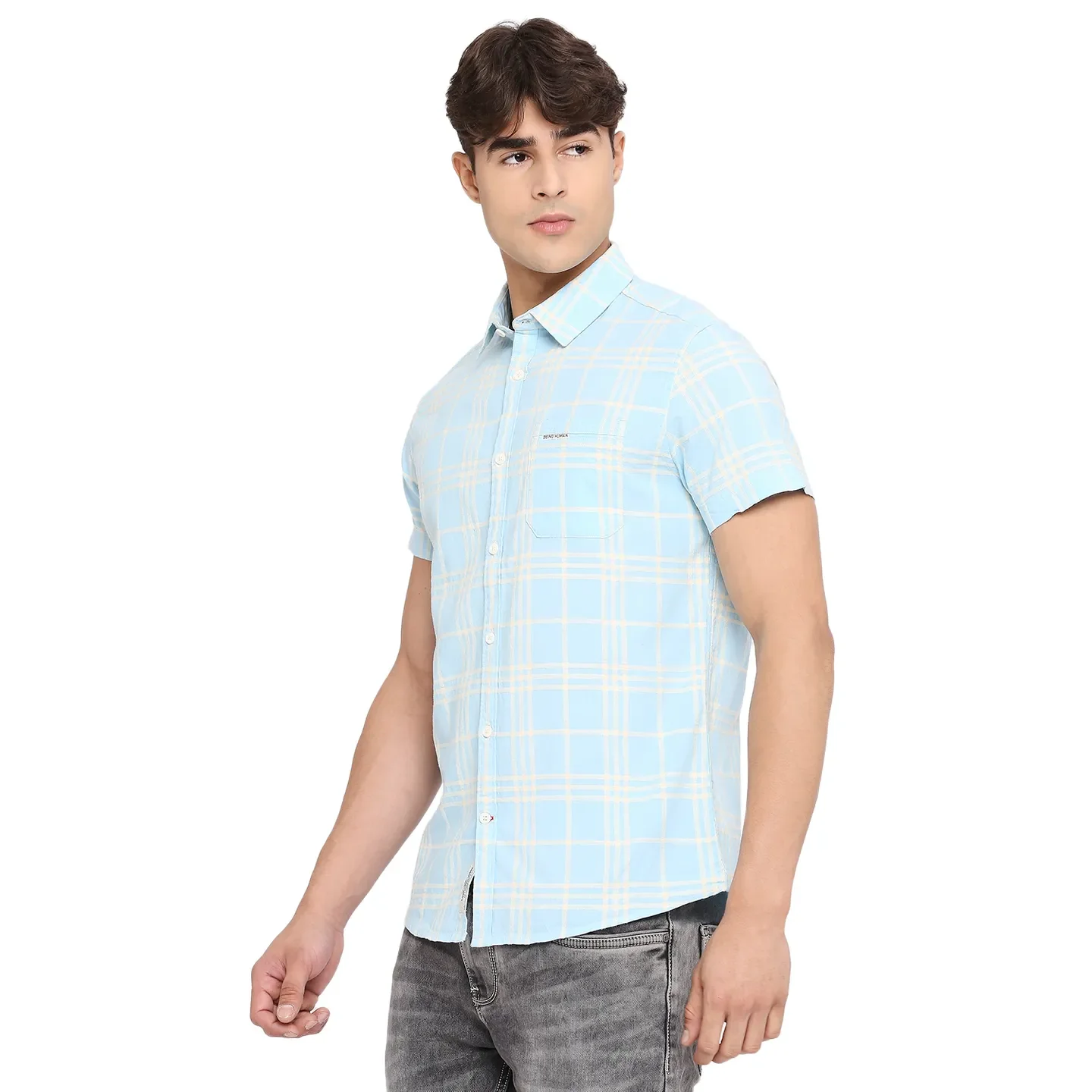 Blue Slim Straight Fit Regular Collar Short Sleeves Cotton Men's Shirt by Being Human Clothing - Image 2