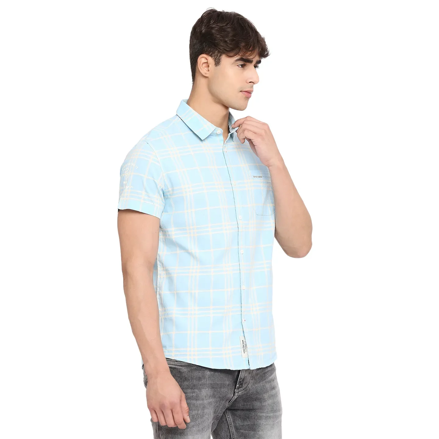 Blue Slim Straight Fit Regular Collar Short Sleeves Cotton Men's Shirt by Being Human Clothing - Image 3