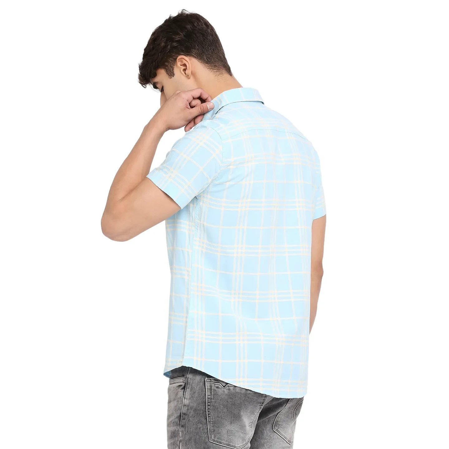 Blue Slim Straight Fit Regular Collar Short Sleeves Cotton Men's Shirt by Being Human Clothing - Image 4