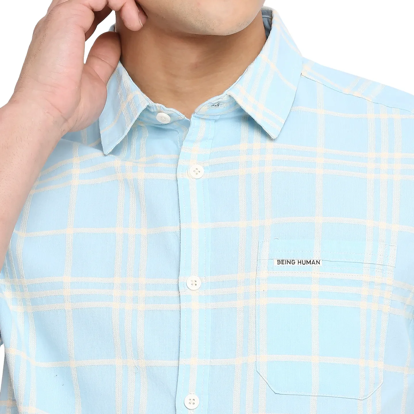 Blue Slim Straight Fit Regular Collar Short Sleeves Cotton Men's Shirt by Being Human Clothing - Image 5