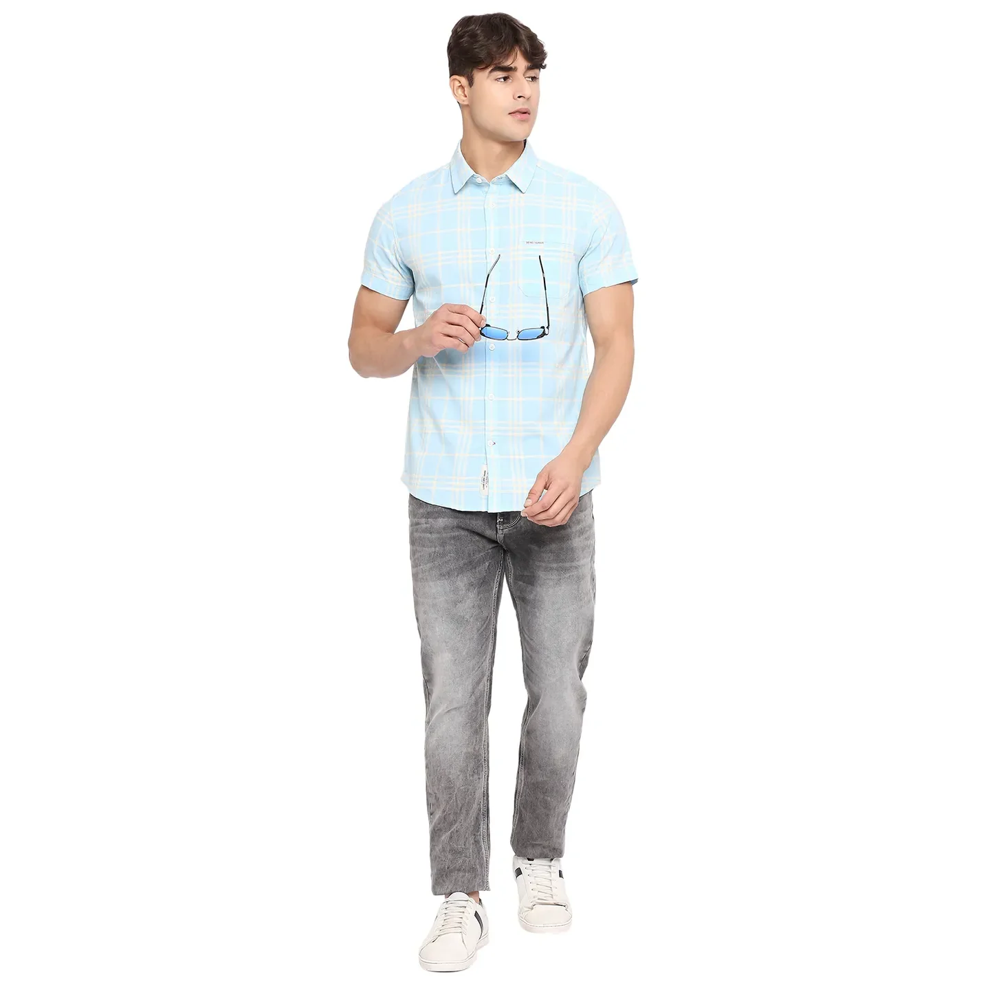 Blue Slim Straight Fit Regular Collar Short Sleeves Cotton Men's Shirt by Being Human Clothing - Image 6