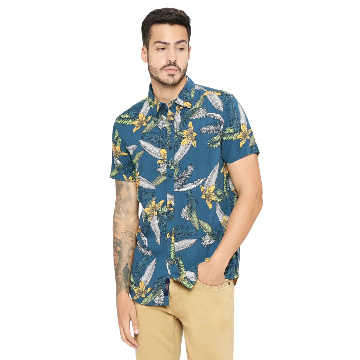 Blue Slim Straight Fit Regular Collar Short Sleeves Modal Men's Shirt by Being Human Clothing - Image 2