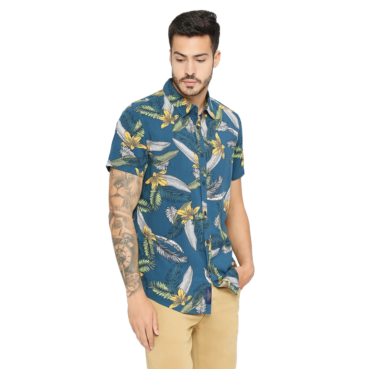 Blue Slim Straight Fit Regular Collar Short Sleeves Modal Men's Shirt by Being Human Clothing - Image 3