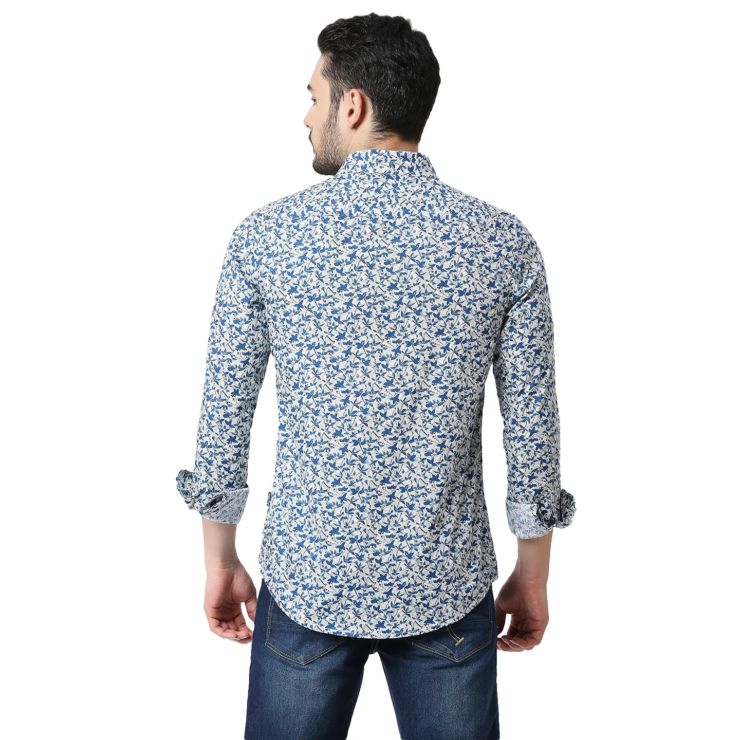 Blue Slim Straight Fit Regular Collar Long Sleeves Cotton Men's Shirt by Being Human Clothing - Image 3