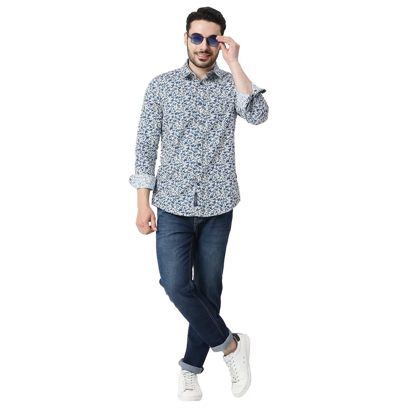 Blue Slim Straight Fit Regular Collar Long Sleeves Cotton Men's Shirt by Being Human Clothing - Image 5