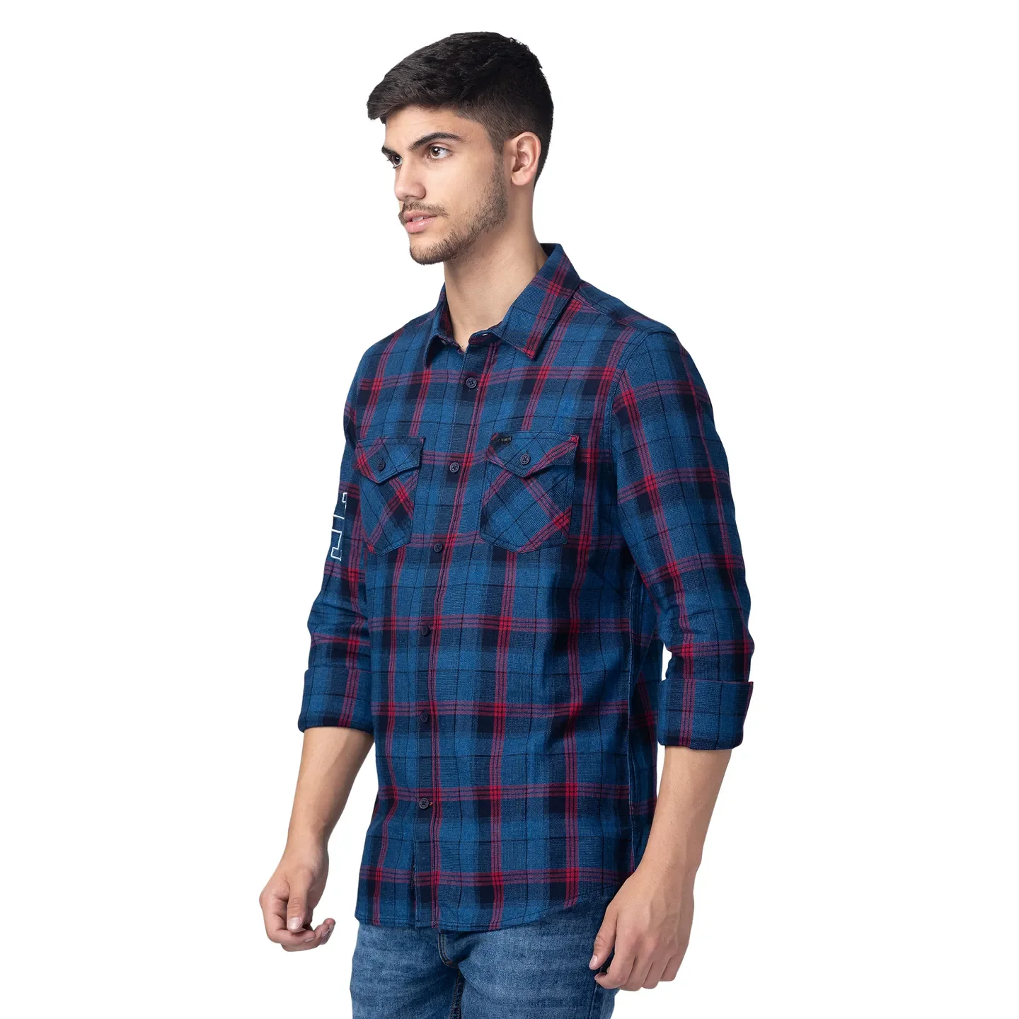 Blue Slim Straight Fit Regular Collar Long Sleeves Cotton Men's Shirt by Being Human Clothing - Image 2